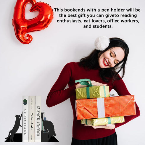Cat Book Ends for Shelves, Metal Decorative Book Ends with Pen Holder, Fun Unique Bookends, Cool Black Cat Bookends