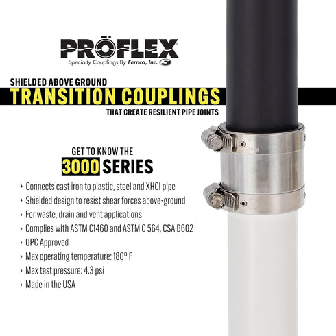 Fernco Proflex P3000-22 Shielded Pipe Coupling for Plumbing Connections, Cast Iron, Plastic, Steel