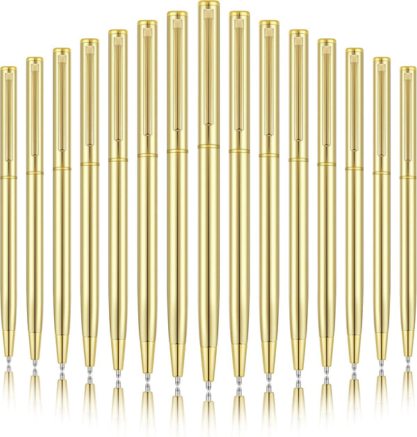 Zonon 15 Pieces Gold Metal Slim Ballpoint Pens, Bulk Retractable Metallic Black Ink Smooth Writing Pens
