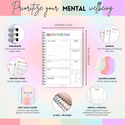 A5) Mental Health Journal Planner | Daily Gratitude, Self Care, Intentions, Affirmations and Nutrition (Rainbow