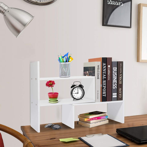 Adjustable White Wood Desktop Organizer - Stylish Storage Solution