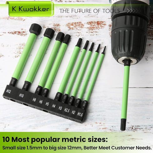 10Pcs 3.94" Long 1/4" Hex Head Allen Wrench Drill Bits, Metric Hex Key Drill Bit Set with Magnetic Tips