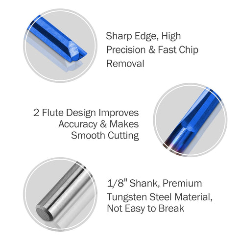 1/8 1 8 2-Flute 22mm CEL/45mm 10 Pack HQMaster CNC Router Bits Router Bit Straight Router Bit Shank Straight Flute End
