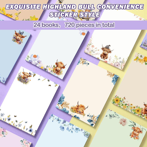 Janlaugh 24 Pads Highland Cow Sticky Notes, 1440 Sheets, Cute Cow Memo Pads for Office Supplies