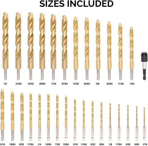 TOOLUXE 10055L Hex Shank Drill Bit Set, 30 Pc, Titanium Coated Metal Bits