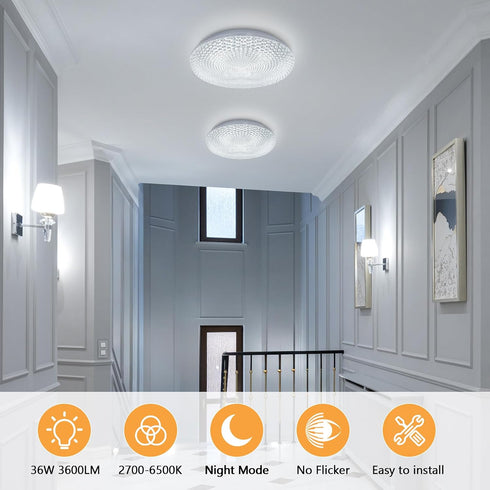 2700K-6500K 36W 3600LM 13.78 Inch Dimmable OOWOLF Flush Mount LED Ceiling Light Fixture, Super Bright Warm/White Light