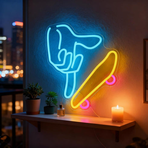 Dimmable Finger Skateboards Neon Sign for Wall Decor, Skateboard LED Fingerboard Neon Light for Kids, Teens, Adults