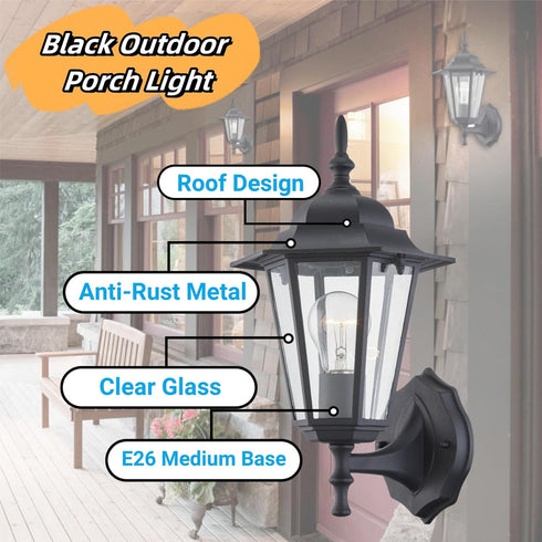 E26 60W Bulbs WISBEAM Outdoor Wall Lantern, Black Wall Sconce for House Porch Lighting Fixture, Base Max, Metal Housing
