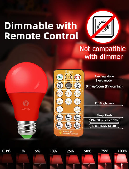 Bulbs E26 A19, 9W (4 Packs) Red Light for Sleep with Remote Control, LED Blue Light Blocking for Sleep Therapy, Baby