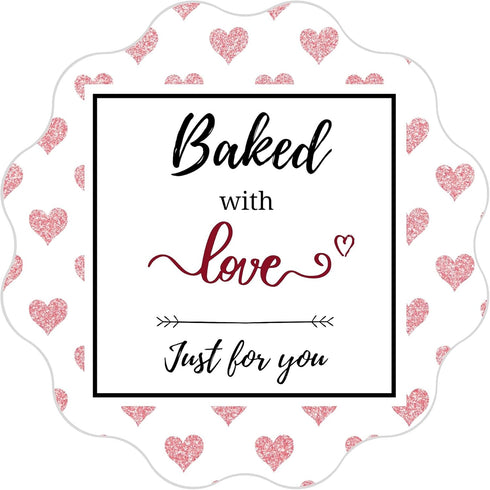 Mobiusea Creation Baked with Love Stickers Roll - Waterproof Scalloped Cut 2 inch Labels for Bakery Packaging