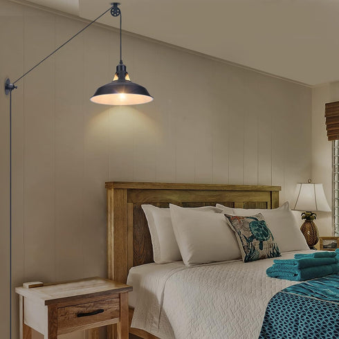 14.76ft 1 Pack Lomoky Plug in Pulley Pendant Light with Cord On/Off Switch, Industrial Barn Black Hanging Lights