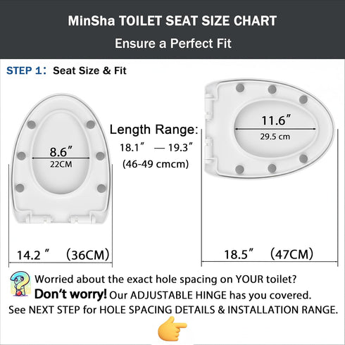 MinSha MinS709, 18.5" 18.1"19.3") Elongated V-Shape Toilet Seat Matte Finish, Fits (Approx. Toilets, Quiet-Close Lid