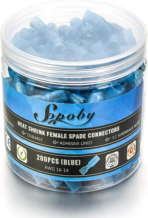 Sopoby 200PCS Heat Shrink Female Spade Connectors, Electrical Crimp Connectors for 16-14 AWG