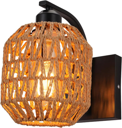 1Pack lobolighting Boho Rattan Wall Sconces Hardwired Hand-Woven Farmhouse Wall Lamps Indoor Rustic Wall Mount Light