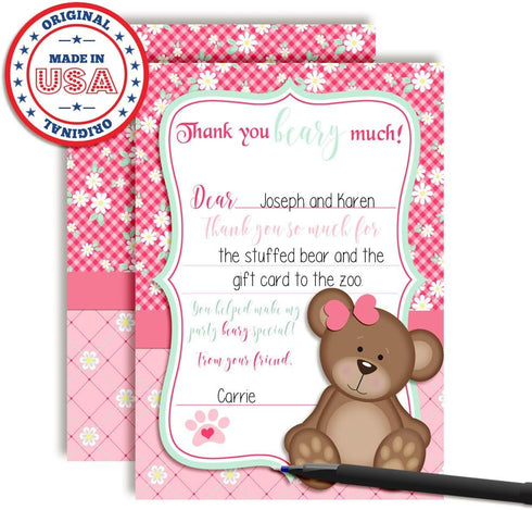 Teddy Bear Girl Themed Thank You Notes for Kids, 10 Fill In the Blank Cards with 10 White Envelopes by AmandaCreation