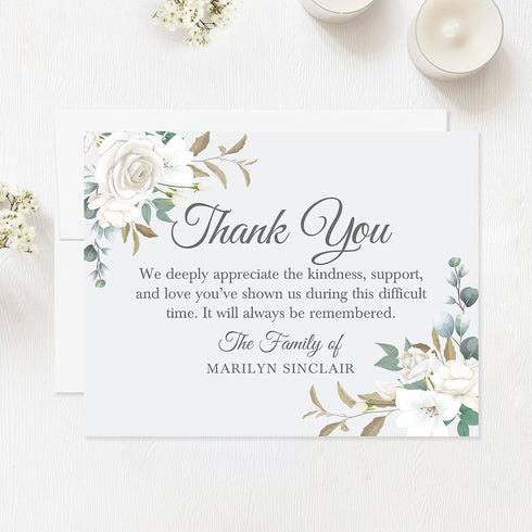 5.5x4.25 White Floral Sympathy Thank You Cards, Funeral Thank You Cards, Personalized Bereavement Notes with Envelopes