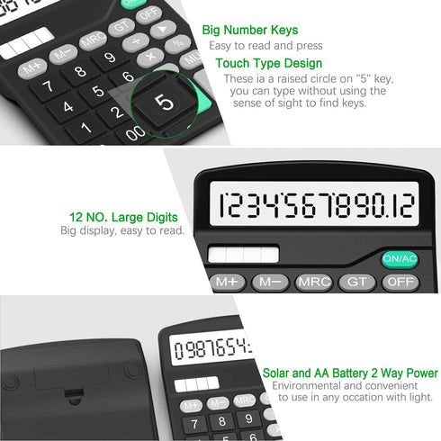 Calculator, Splaks 2 Pack Standard Functional Desktop Calculators, Solar and AA Battery Dual Power with 12-Digit Display