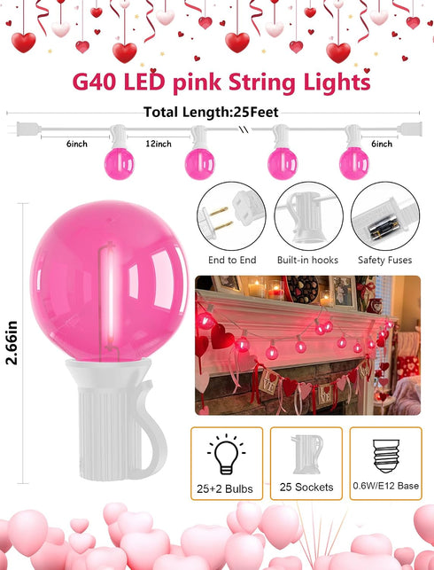 50Ft G40 27 Bulbs(2 Valentine's Day Outdoor String Lights, Valentines Day Decorations Lights with LED Pink Shatterproof