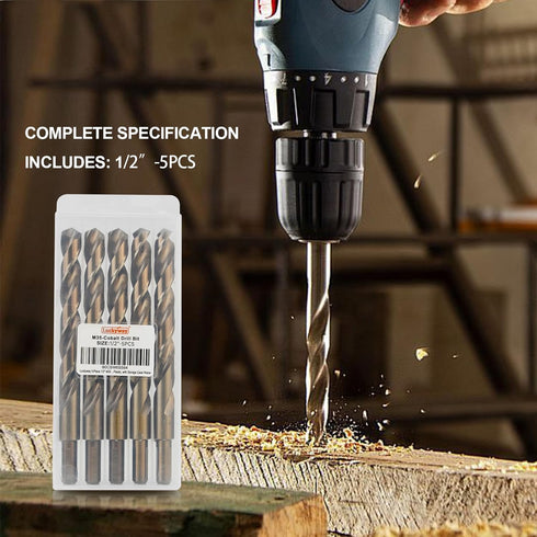 Luckyway 5-Piece 1/2" M35 Cobalt Drill Bits Set, Jobber Length for Hard Metal and Wood