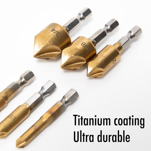 6 Pcs Countersink Drill Bit Set with Case 1/4'' Hex Shank HCS 5 Flute Countersink 90 Degree Center Punch Tool Sets for Wood, Quick Change Bit 1/4 5/16" 3/8 1/2 5/8 3/4