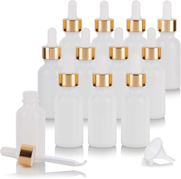JUVITUS 1 oz Opal White Glass Boston Round Bottle with Gold Metal Dropper, 12 Pack + Funnel