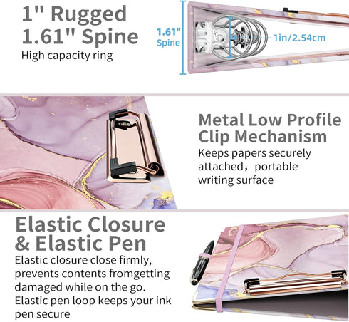 Ospelelf Mini 3 Ring Binder 1 Inch, Cute Pink Marble Binder for 5.5" x 8.5" with 5 Tab Dividers, File Labels