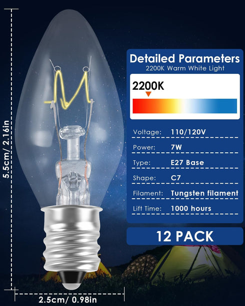 12Pack 7W C7 Bulbs E12 C7 Bulb 2200k PACETAP Night Light Replacement with Candelabra Base for Salt Lamps, Window