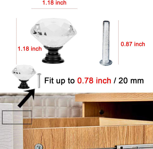 YourGift 12 Pack Diamond Shaped Crystal Glass Drawer Knobs, 30mm Cabinet Pull Handles, Black