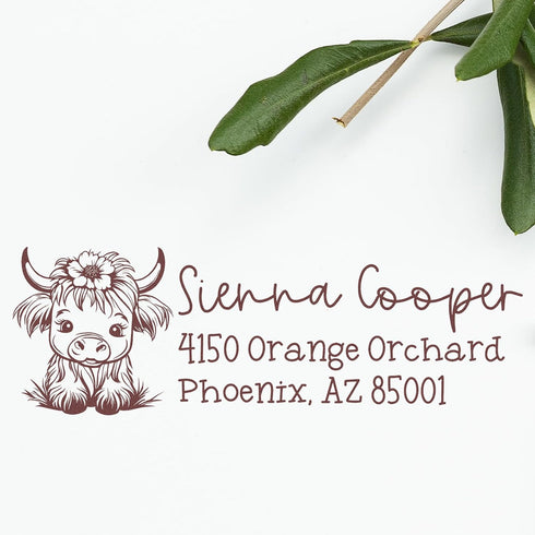 Premium Pre-Inked Personalized Name and Address Stamp, Custom Shaggy Highland Cow Design, Ideal for Dairy Product