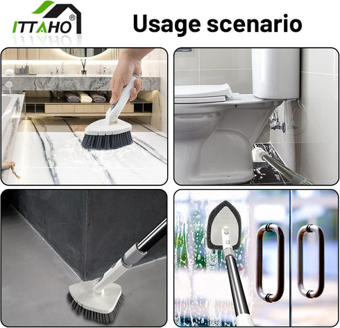 4 Heads,59" ITTAHO Tile Tub Scrubber Brush with Cleaning Long Handle Stiff Bristles Scrub Brush with Extendable Pole