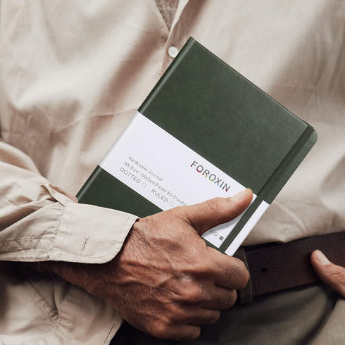 Grid Journal Bullet Notebook - Dark Green Leather Cover, 8.3 x 5.7 Inch, 160 Pages, 100gsm Paper, Hardcover with Inner