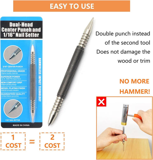1/16 Dual Head Nail Setter and 3/16 Center Punch, 3500 PSI Striking Force Counter Punch Spring Nail Set