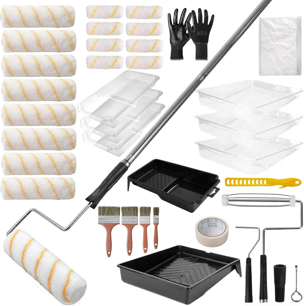 SOUTHGATE 36PCS Paint Roller Kit with 4-Section Pole, 9''& 4''Roller Trays, Heavy-Duty