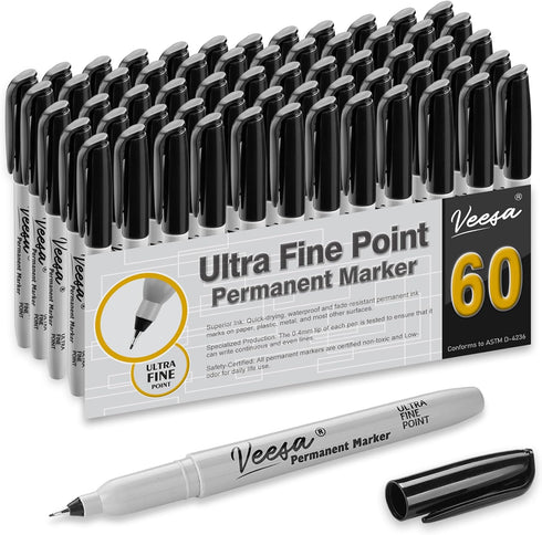Permanent Marker, 60 Pack Ultra Fine Point, Quick-Drying Ink for Plastic, Wood, Stone, Metal, Glass