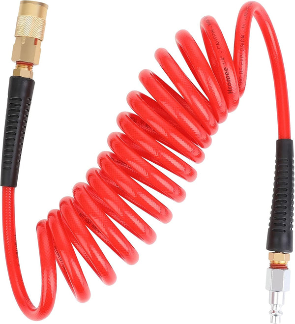 Hromee 1/4-Inch x 10ft Polyurethane Recoil Air Hose with Fittings, Compressor Hose with NPT Coupler Kit