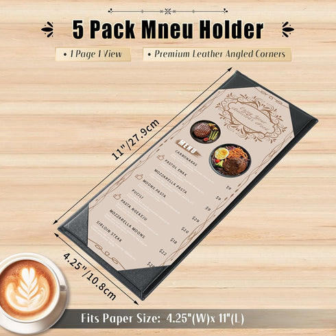 4.25" 11" 5 Pack 1 Menu Covers x View Black PU Leather Restaurant Menu Holders, Single Panel with Angled Corners