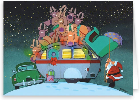 Camper and Santa Christmas Card - Stonehouse Collection, 18 Christmas Cards & 19 Envelopes, USA Made