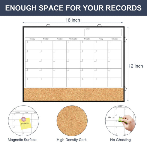 Dry Erase Calendar for Wall - 16"X12" Double-Sided Whiteboard Cork Board Combo, Small Hanging Magnetic Monthly Calendar