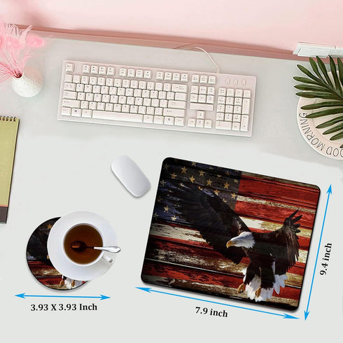 Gaming Mouse Pad with American Flag Art, Bald Eagle Design, Non-Slip Rubber Base, Coaster Set for Office or Gaming