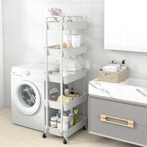 5-Tier Sywhitta Plastic Rolling Utility Cart with Handle, Multi-Functional Storage Trolley for Office, Living Room