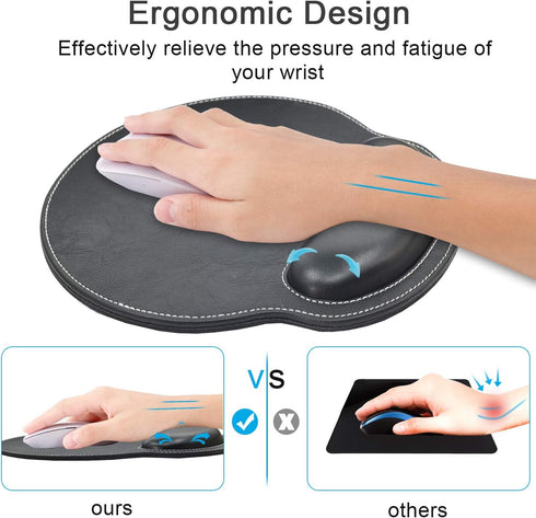 Ergonomic Mouse Pad with Wrist Support, PU Leather Mousepad for Laptop, Non Slip Rubber Base