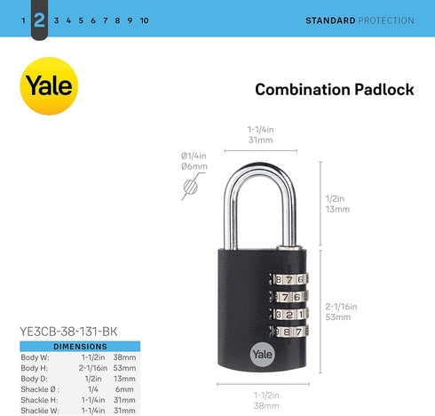 Yale 4 Digit Combination Lock, Outdoor Waterproof Padlock for School Gym Locker, Sports Locker, Toolbox, Gate, Black