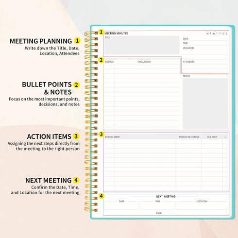 SUNEE A4 Size Meeting Notebook with Action Items - 160 Pages, Spiral Project Planner for Note Taking, Teal