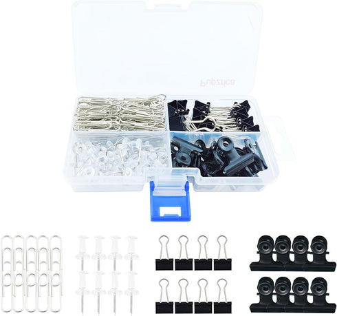 Variety Office Supplies Clips Kit with Box, Binder Clips, Paper Clips, Hinge Clips, Push Pins for Home, School, and