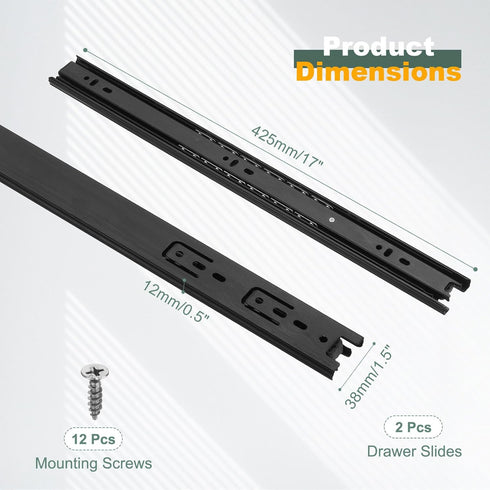 17 1.5 Inch 2Pcs PATIKIL x Drawer Slides, Steel Full Extension Ball Bearing Side Mounted Rails with Mounting Screws