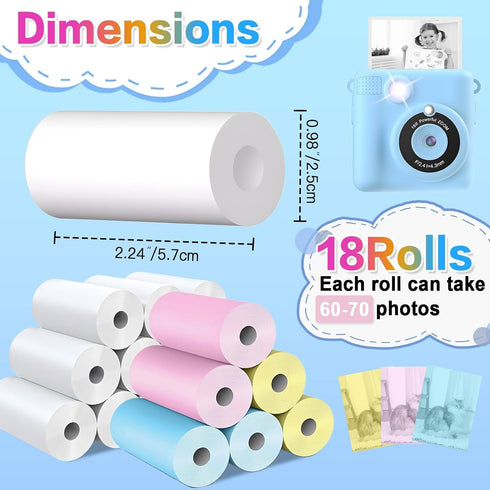 QUASON 18 2.24"x0.98" Rolls Kids Camera Paper Roll Refill Compatible with Most Instant Print Cameras for Kids BPA Free