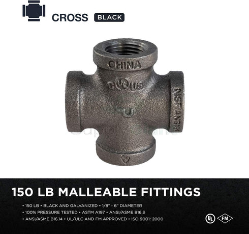 Everflow Supplies BMCR0014 Black Malleable Cross Fitting, 0.25 Inch (CNDS0036)