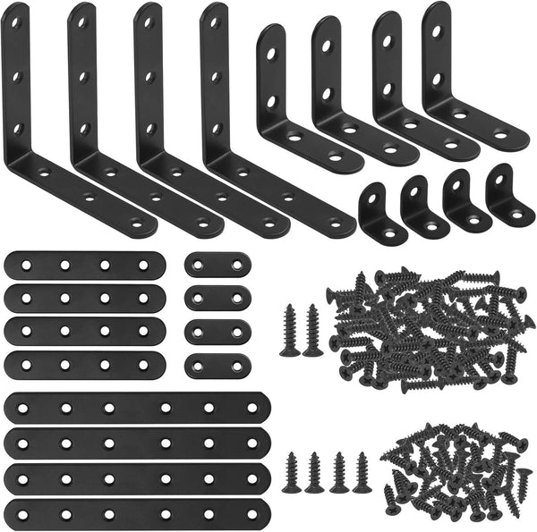 Glarks 134Pcs Black Corner Brace Set, 24Pcs L Shape Bracket, Flat Bracket Metal Joint Plate Fastener with 110Pcs Screws