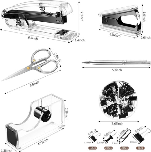 Outus Office Supplies Set Desk Accessory Kit, Acrylic Stapler Set Staple Remover, Tape Dispenser, Binder Clips, Paper Clips, Ballpoint Pen and Scissor with 1000 Pieces 26/6 Staples (Black) by Outus