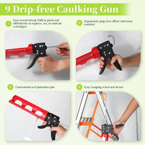 Drip-Free Caulking Gun Applicator, 15:1 Thrust Ratio, Lightweight Nylon Frame for 10oz/300ml Caulk Tubes